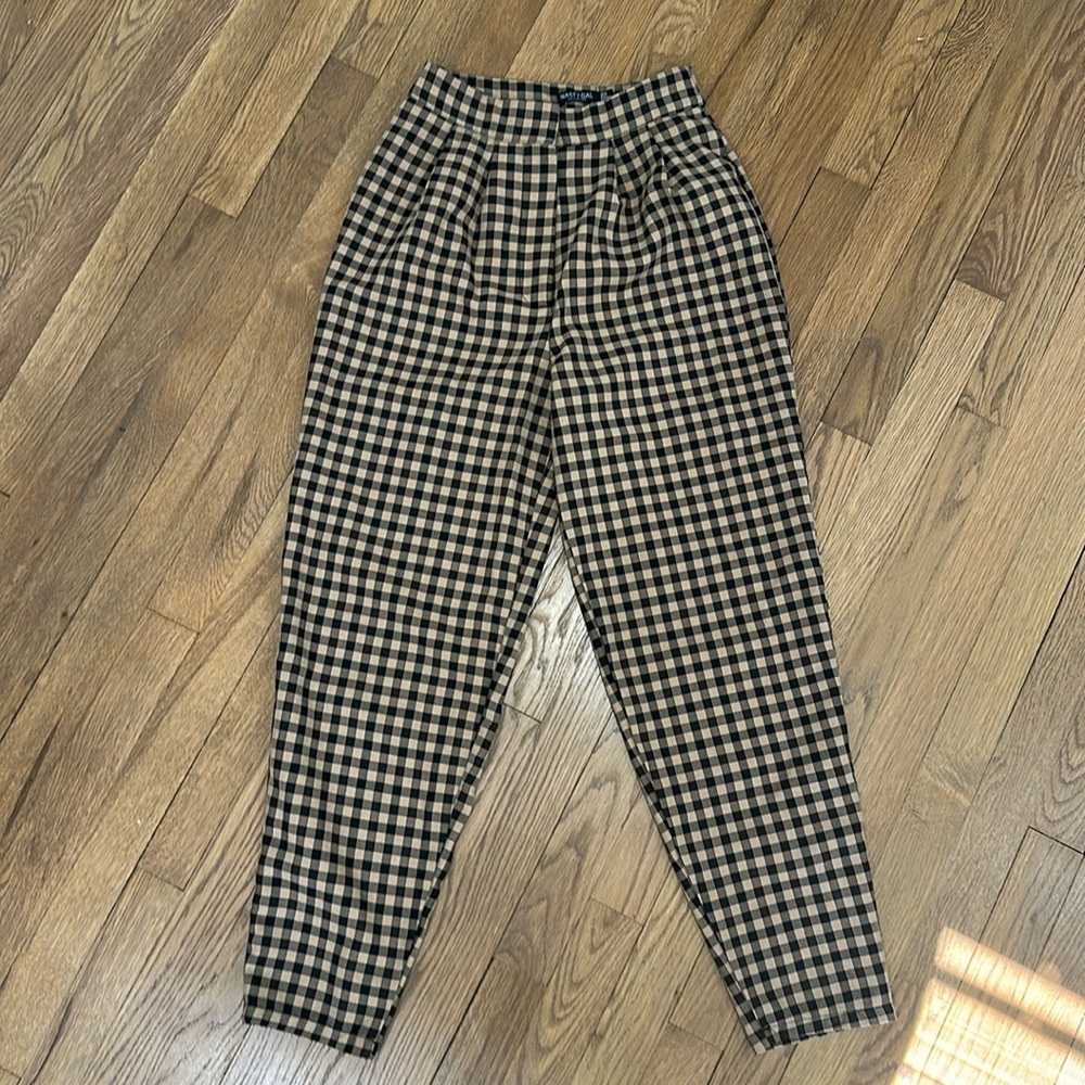 High Waisted Tan Brown Black Gingham Trousers Pants Nasty Gal Size 2
